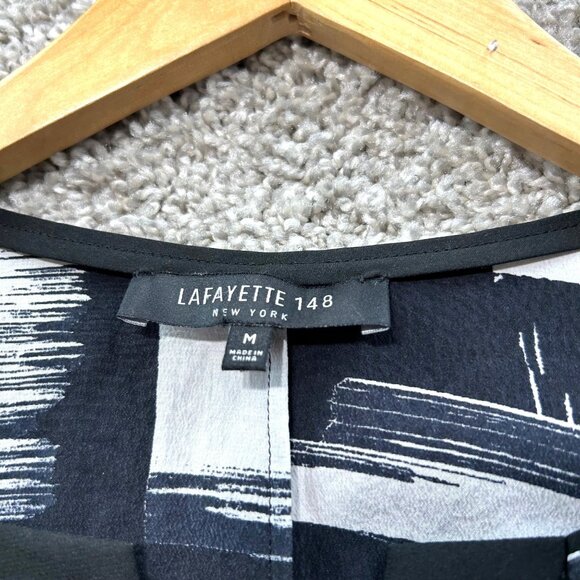 Lafayette 148 Womens M Black & White Abstract Print V-Neck Short Sleeve Blouse - Picture 8 of 9